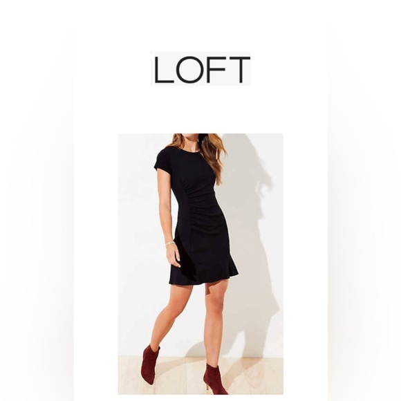 🆕LOFT Black Sheath Ruched Flounce Crew Neck Short Sleeve Mini Dress 10🆕 - Picture 1 of 14